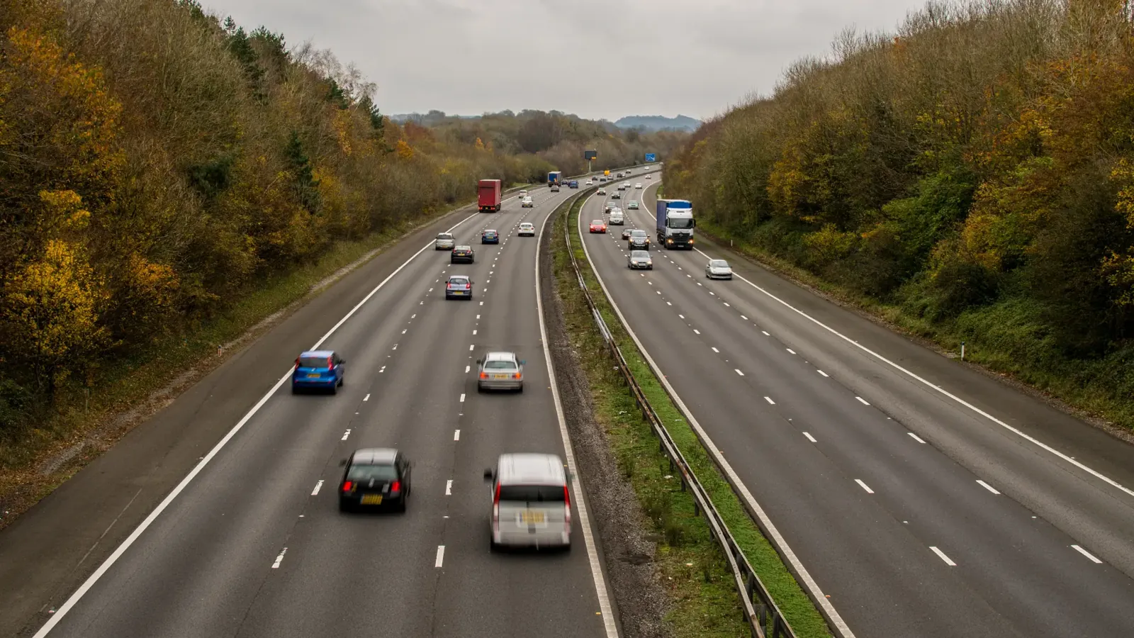 Traffic on a UK motorway, the kind of road covered in motorway lessons